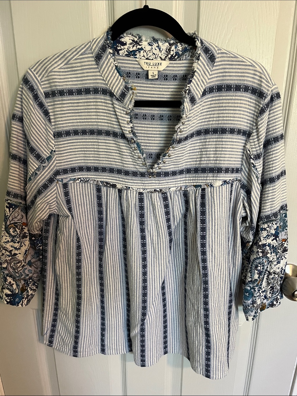 Blue & White Striped Tunic with Printed Sleeve Detail